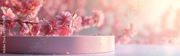 Fototapeta Pink rose background with white podium, empty space for product presentation.