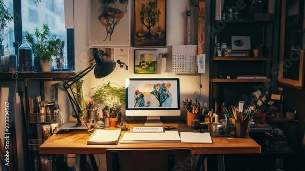 Fototapeta Creative Workspace with Artistic Tools