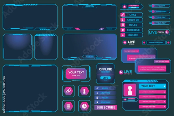 Obraz Game stream frames mega set elements in flat graphic design. Bundle objects of neon colors streaming interface elements, bars and buttons, player menu, user panel templates. Vector illustration.