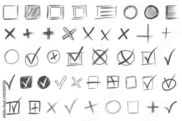 Fototapeta Hand drawn check marks mega set elements in flat graphic design. Bundle objects of black scribble pencil checkboxes, chalk tick and cross symbols in squares or circles forms. Vector illustration.