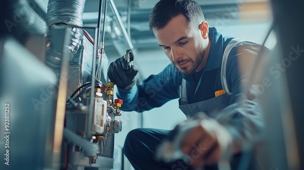 Fototapeta Technician working on a commercial HVAC system, fixing mechanical components and restoring functionality. The technician is wearing a uniform and using tools to complete the emergency repair service.