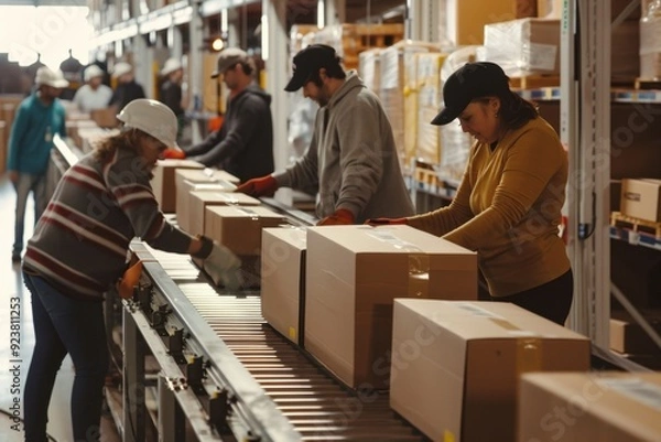 Obraz People sort boxes on a conveyor belt.