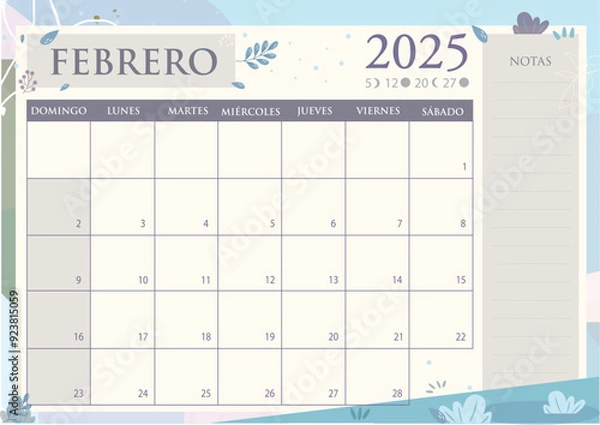 Obraz Calendario mensual 2025 en Español. FEBRERO 