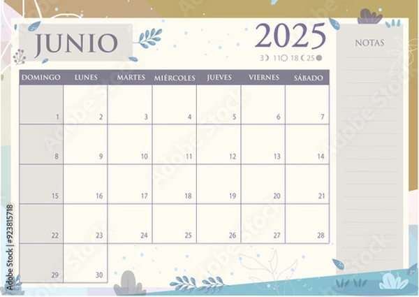Obraz Calendario mensual 2025 en Español. JUNIO