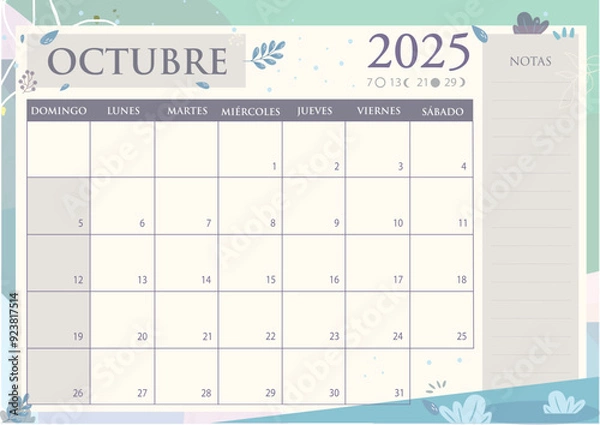 Obraz Calendario mensual 2025 en Español. OCTUBRE 