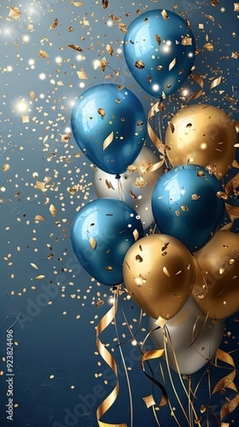 Obraz Holiday background with golden and blue metallic balloons, confetti and ribbons. Festive card for birthday party, anniversary, new year, christmas or other events