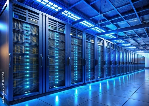 Obraz Row of tall blue cabinets containing humming servers and blinking network equipment lined up in a large, dimly lit, and climate-controlled data center facility.