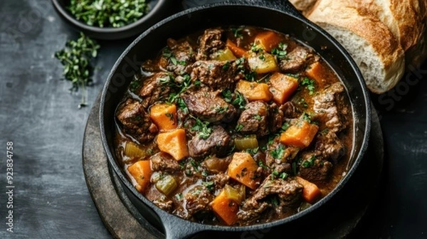 Fototapeta A mouthwatering beef stew presented in a black skillet, featuring tender chunks of meat, potatoes, and carrots, garnished with fresh herbs, beside a slice of bread.