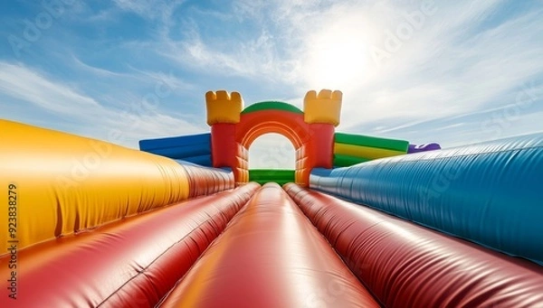 Fototapeta Colorful inflatable bouncy castle with the top open for kids to play in and around it