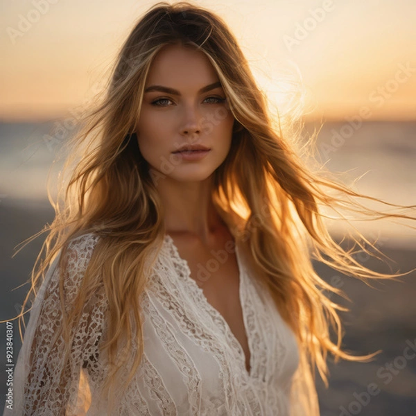 Obraz 海辺夕日の女性