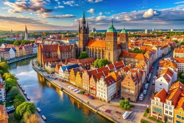 Obraz Vibrant aerial view of historic Gdansk's Old City, showcasing majestic St. Mary's Basilica, winding Motlawa River, and colorful medieval architecture in Poland's amber city.