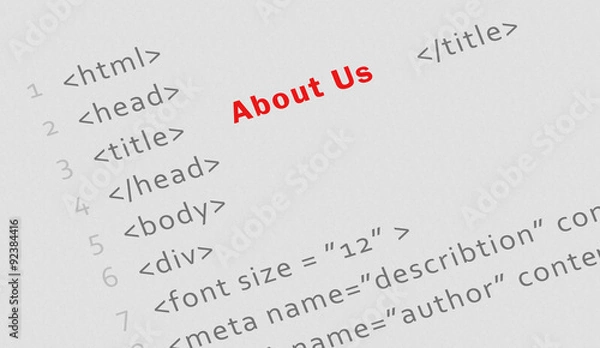 Fototapeta Business concept: Printed html code for "About us" page - technology banner
