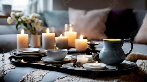 Fototapeta A Moment of Calm: The Simple Joys of a Cozy Living Room Still Life, Complete with Tea, Candles, and a Quiet Space for Reading and Napping in the Comfort of Your Home