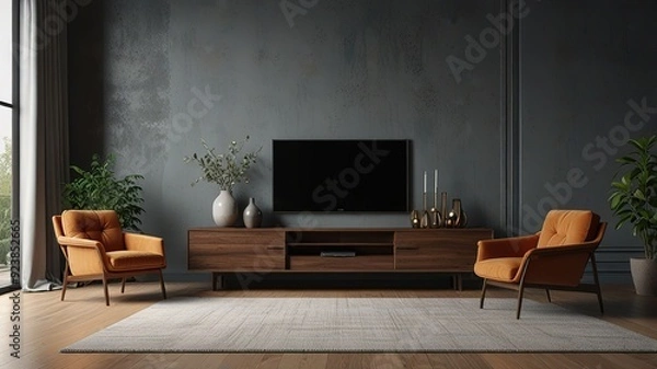 Fototapeta Modern Interior With Bright Wall, Living room, Bed room, kitchen, House Plants