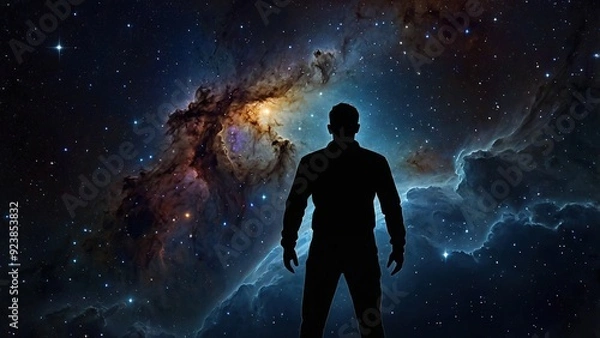 Fototapeta Silhouette of a Man Standing Before a Starry Night Sky