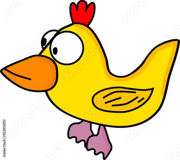 Fototapeta The image features a funny cartoon character in the form of a yellow bird with a large orange beak, a red comb on its head, and wide, expressive eyes. 