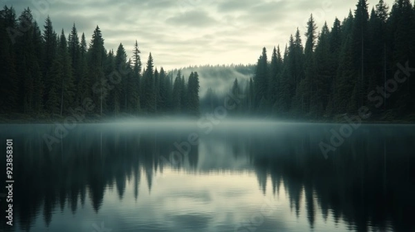 Fototapeta Misty lake surrounded by tall pine trees at dawn in a tranquil forest setting