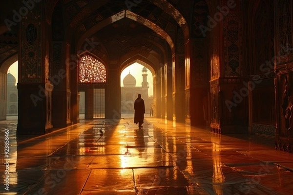 Fototapeta A lone figure walks through a mosque illuminated by golden sunlight.