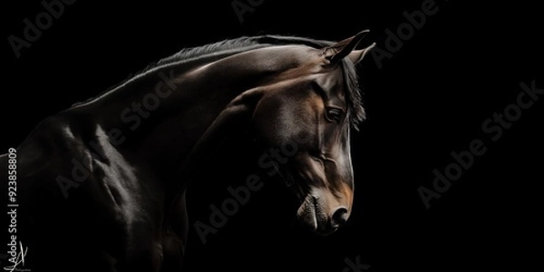 Fototapeta give me 45 key words for Photo of a horse isolated against a black background, emphasising the horse's majestic features. Wildlife and conservation concept, space for copy.