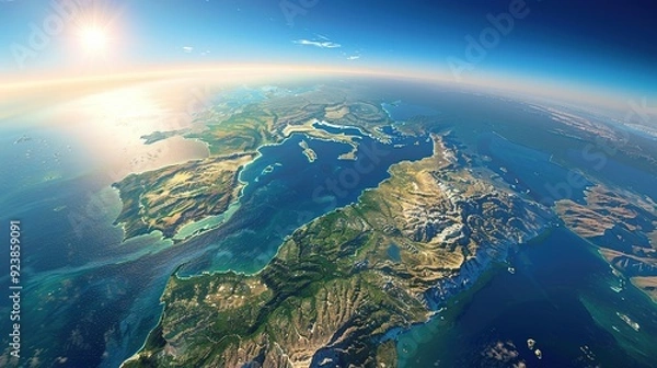 Fototapeta Physical map of Planet Earth, centered on the Mediterranean Sea. Satellite view of Southern Europe and North Africa with the sun shining on the horizon. 3D illustration.