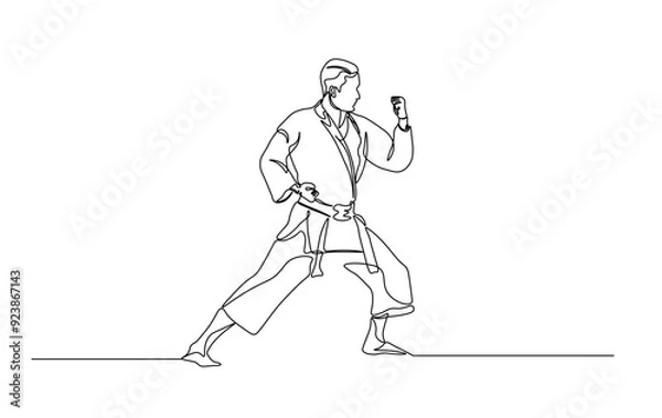 Fototapeta One continuous line drawing karateka fighter in kimono practicing karate kick combat. Karateka sport single line illustration.