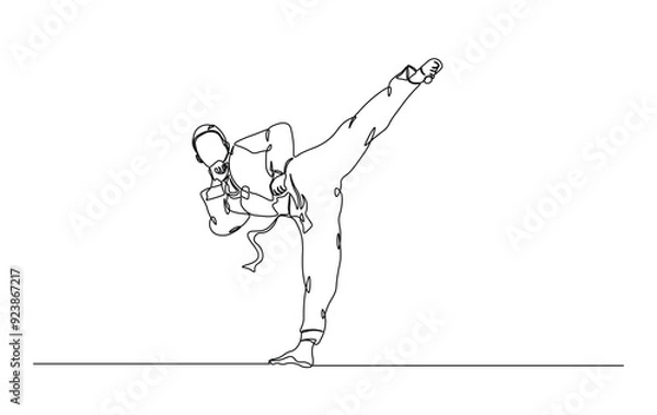 Obraz One continuous line drawing karateka fighter in kimono practicing karate kick combat. Karateka sport single line illustration.