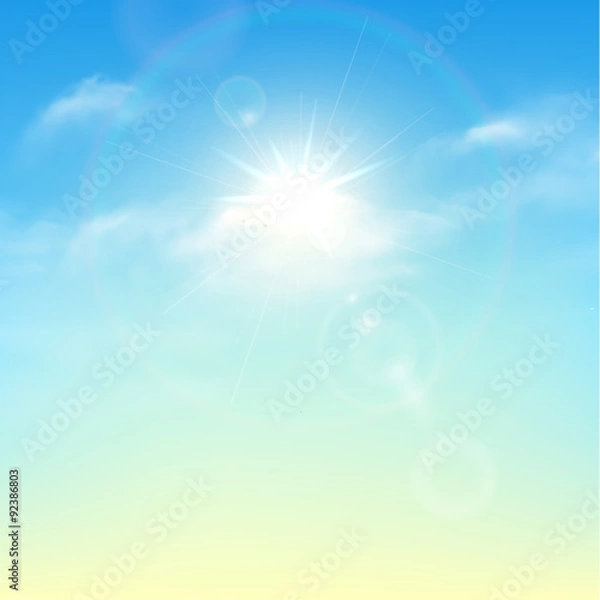 Fototapeta Blue sky with clouds and sun with rays. Vector background