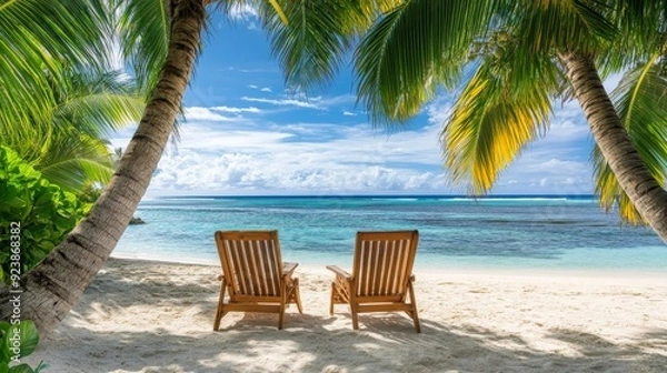 Fototapeta Tropical Paradise Beach with Palm Trees and Wooden Lounge Chairs by the Ocean