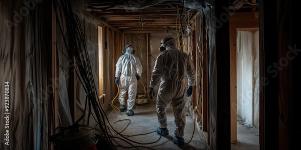Obraz Asbestos or lead paint abatement with bunny suits in safe environment.