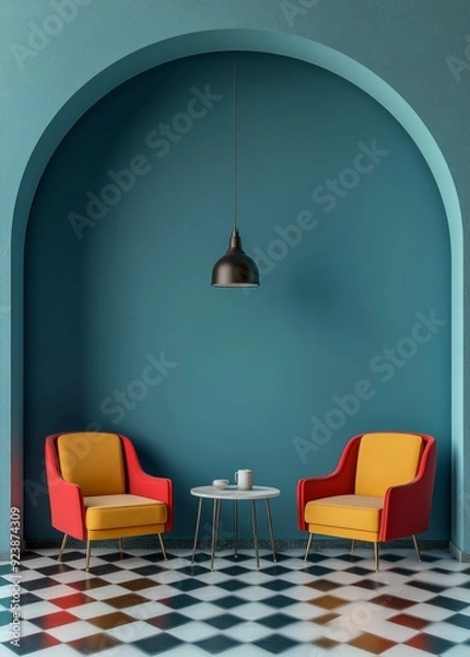 Fototapeta Modern interior with colorful chairs and table under an arch in minimalist design