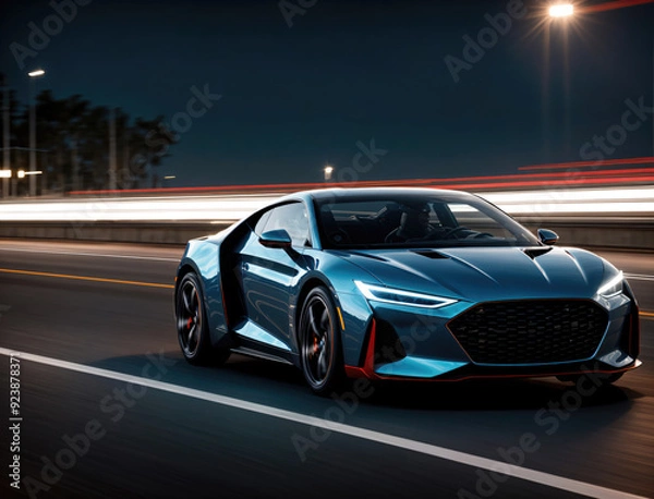 Fototapeta Stunning Sports Car Races Along City Highway at Night Under Bright Streetlights