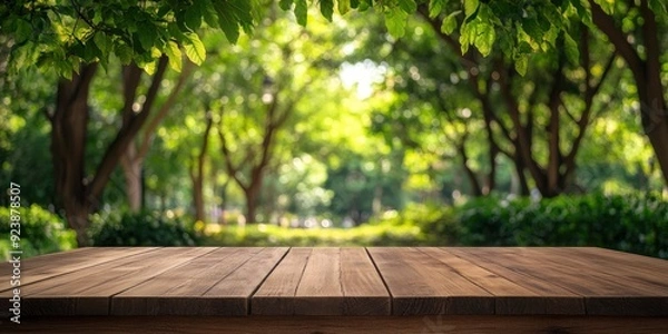 Fototapeta Empty wood table top and blurred green tree in the park garden background - can used for display or montage your products, ai