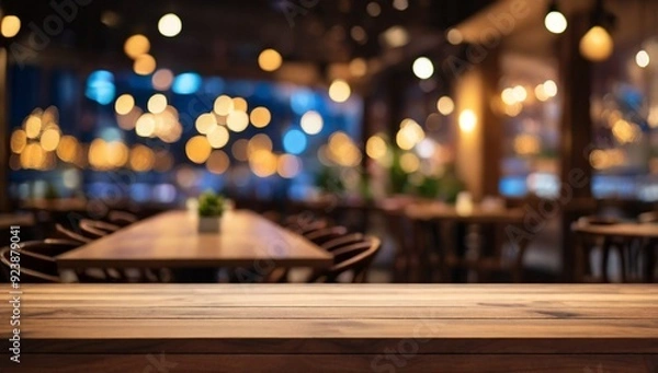 Fototapeta Empty wooden table top with lights bokeh on blur restaurant background.
