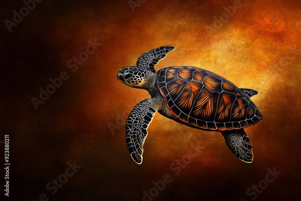 Fototapeta A turtle is swimming in the water. The turtle is brown and black