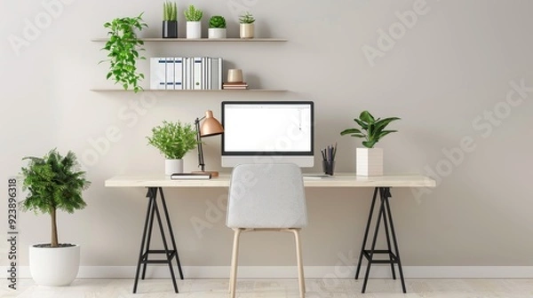 Fototapeta A white desk with a yellow chair and a computer monitor