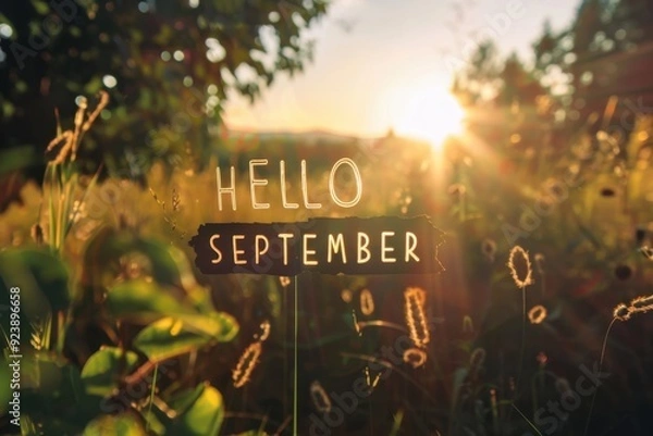 Fototapeta A warm and inviting sunrise background with the text "HELLO SEPTEMBER" Generative AI