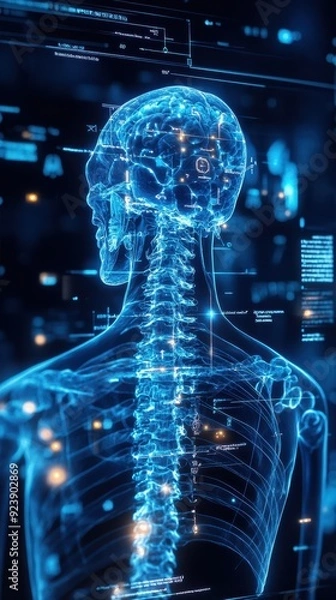 Fototapeta Futuristic visualization of a human spine, showcasing digital technology and anatomy in a striking blue glow.