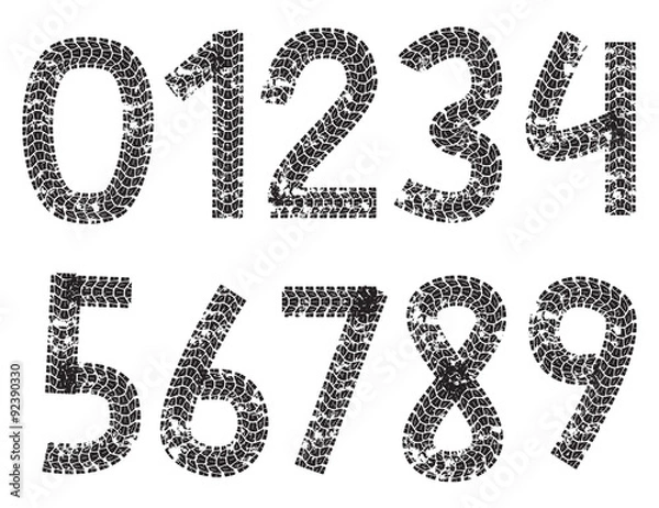 Fototapeta Vector digits made from motorcycle tire tracks, isolated on white