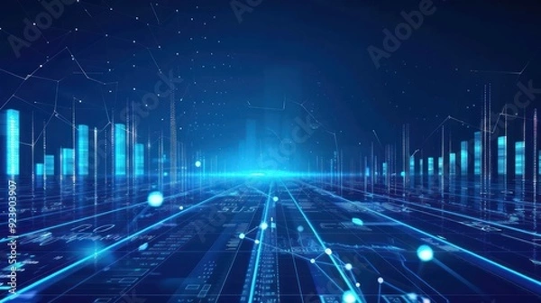 Fototapeta Digital Cityscape with glowing blue lines