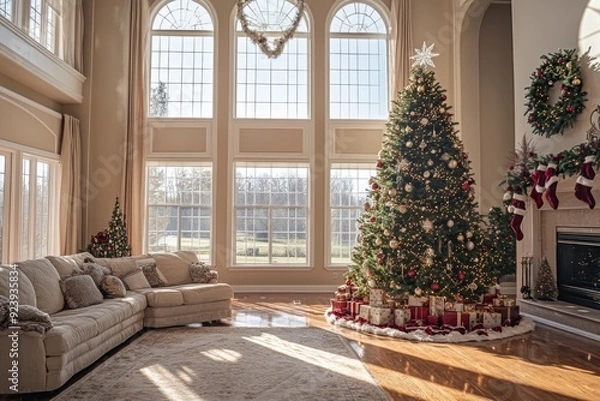 Fototapeta A stunning Christmas tree stands tall in a spacious living room, adorned with ornaments, garlands, and twinkling lights. The room's high ceiling and large windows add to the festive ambiance.