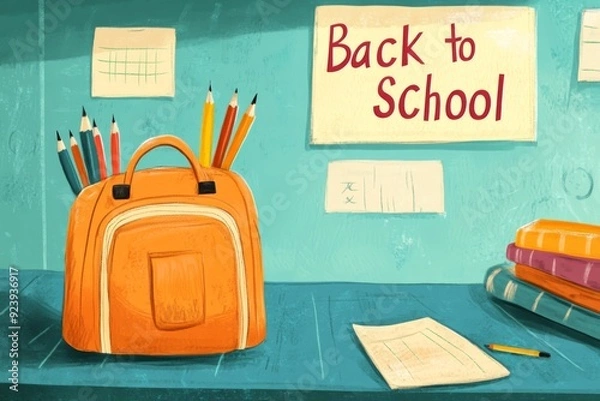 Fototapeta A colorful illustration of a student preparing for a new academic year, surrounded by books, pencils, and a backpack. The image conveys a sense of excitement and readiness for learning.