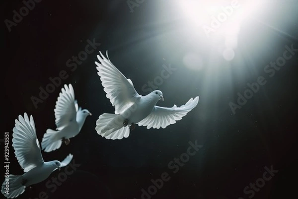 Fototapeta White doves ascending towards a bright light in the darkness, symbolizing hope, peace, and transcendence