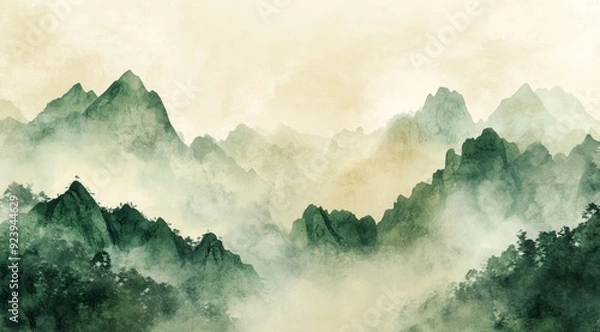 Fototapeta A beautiful mountainscape with misty fog and vibrant greens, perfect for artistic and calming themes