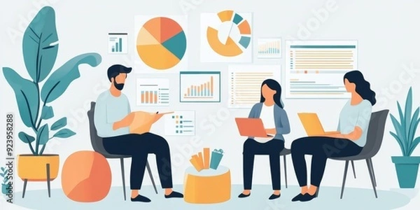 Fototapeta A family discussing their financial goals with a planner, surrounded by documents, pie charts, and a supportive, guiding atmosphere