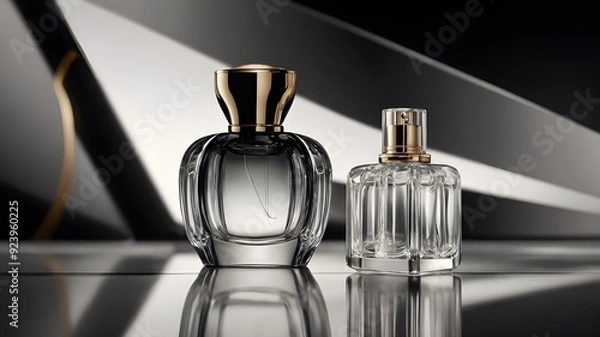 Fototapeta Elegant black and white stylized glass perfume bottle 3d realistic vector scene illustratio with background 