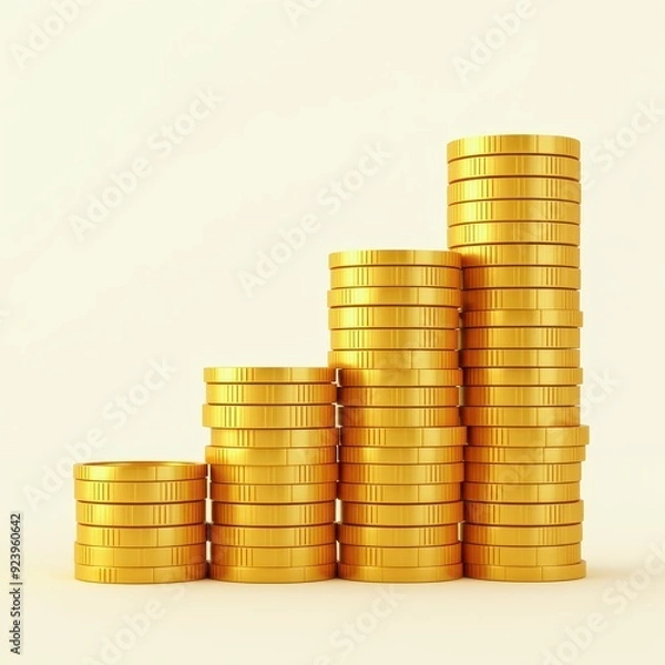 Fototapeta Stacked golden coins arranged in ascending order, symbolizing financial growth and prosperity.