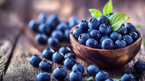 Fototapeta blueberries in a bowl on wooden background generated by AI technology