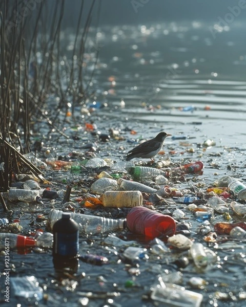 Fototapeta Environmental impact of plastic pollution in river ecosystems