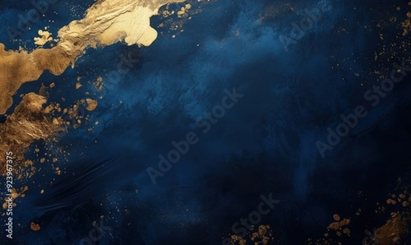 Fototapeta A blue background with gold splatters and a gold swirl. The blue background is the main focus of the image