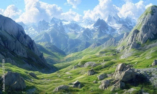 Fototapeta A mountain range with snow on the peaks and a green valley in between
